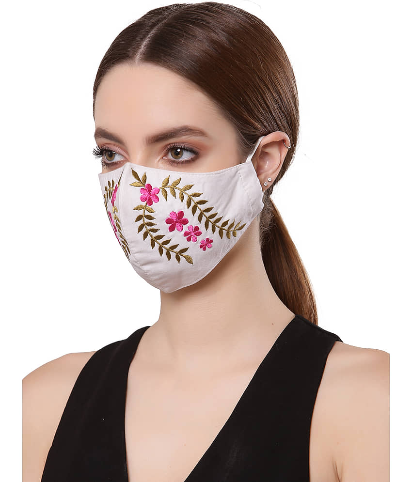 Anekaant White & Pink Cotton Embroidered Mask view 2