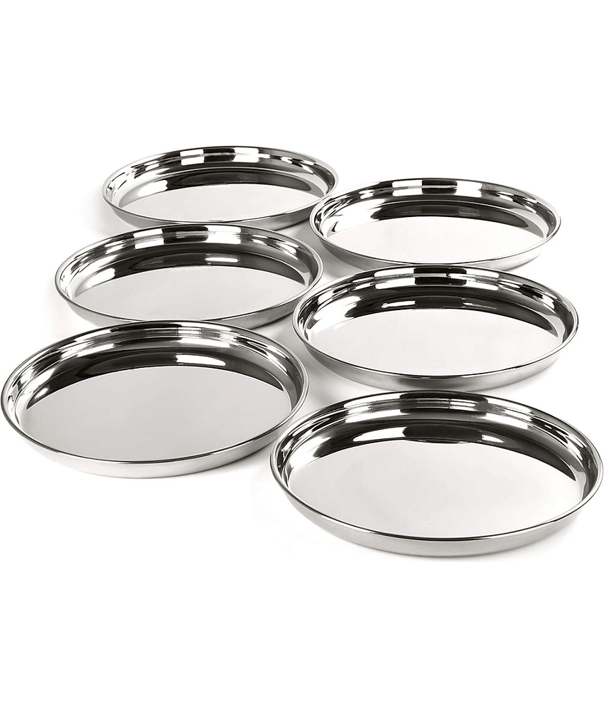 STEEPLE Thali Set Plain Stainless Steel Dinner Set ( Pack of 6 ) Silver