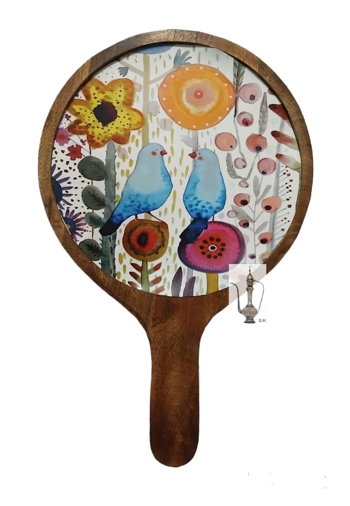 Sara Home Mango Wood Serving Pizza Platter/Chipdip/Dosa/Chees/Snacks Tray Printed Enamel Serving Platter with Handle Appetizer Plate Serving Platter view 2