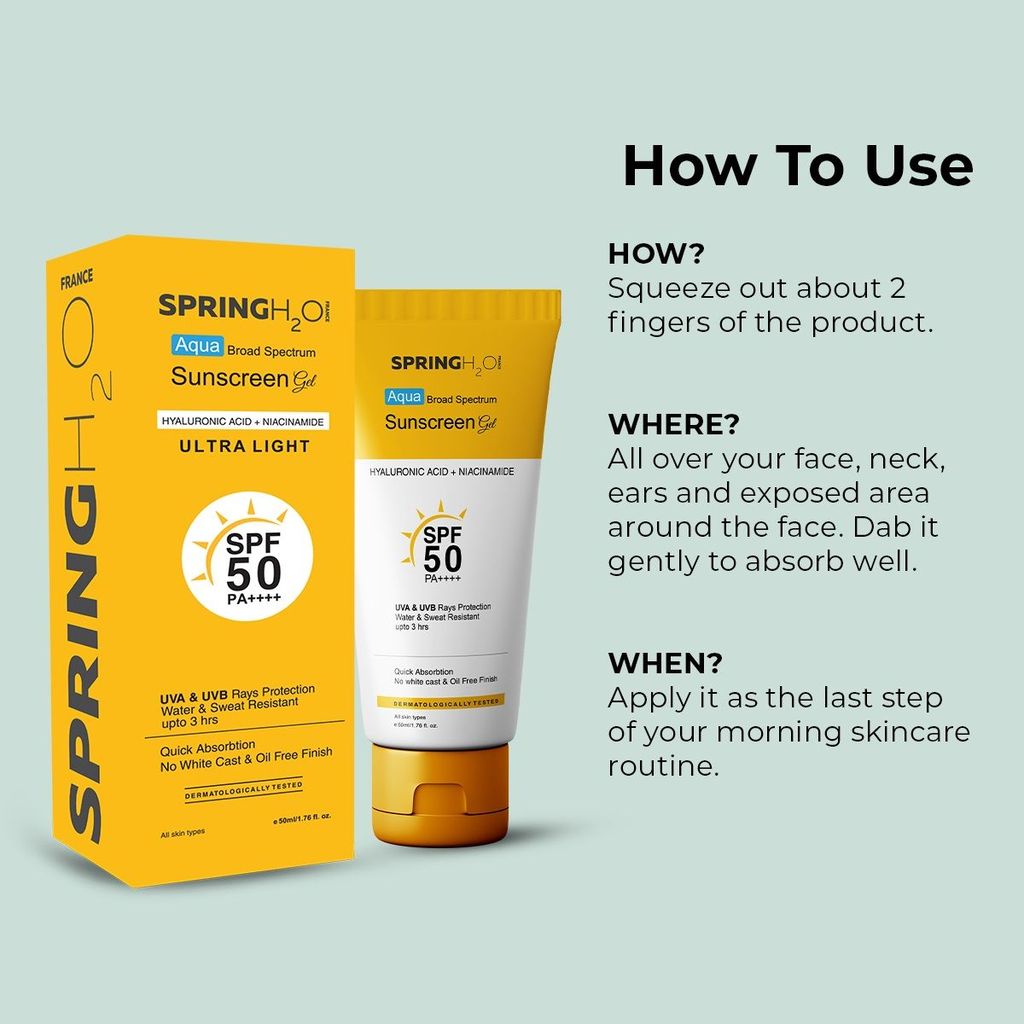 Spring H2O Aqua Broad Spectrum Sunscreen Gel SPF 50 PA++++ with Hyaluronic Acid + Niacinamide for UVA & UVB Rays Protection view 2