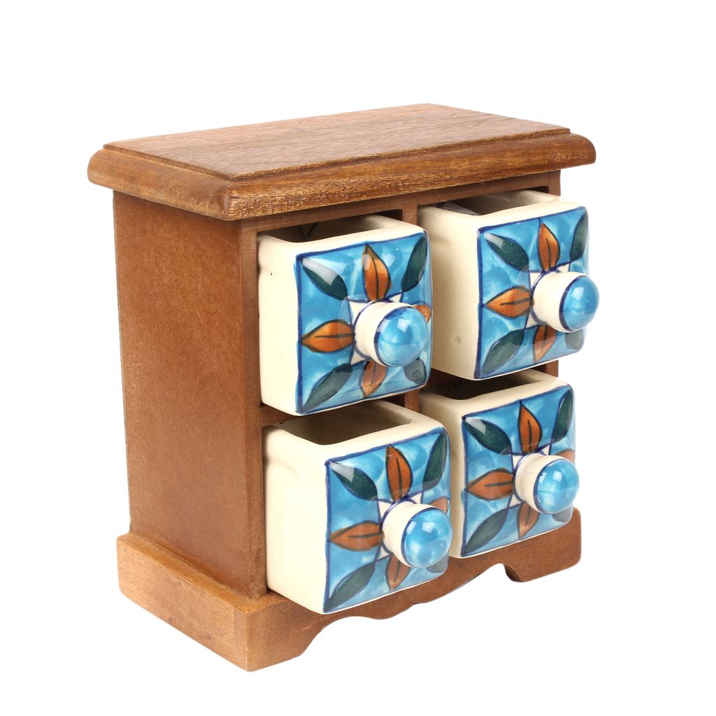 Tribes India Blue Pottery Blue Flower 4 Drawer Jewelry Box view 2