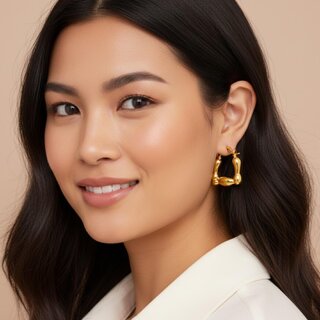 18k Gold Plated Hoop Earring (Quilted Chunky Hoop Earrings) view 2