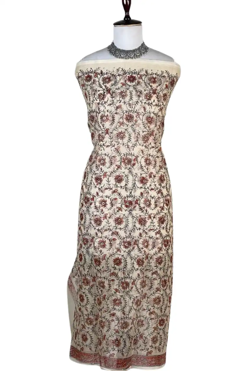 Kota Doria Dress Material Ivory Red Floral Jaal view 2