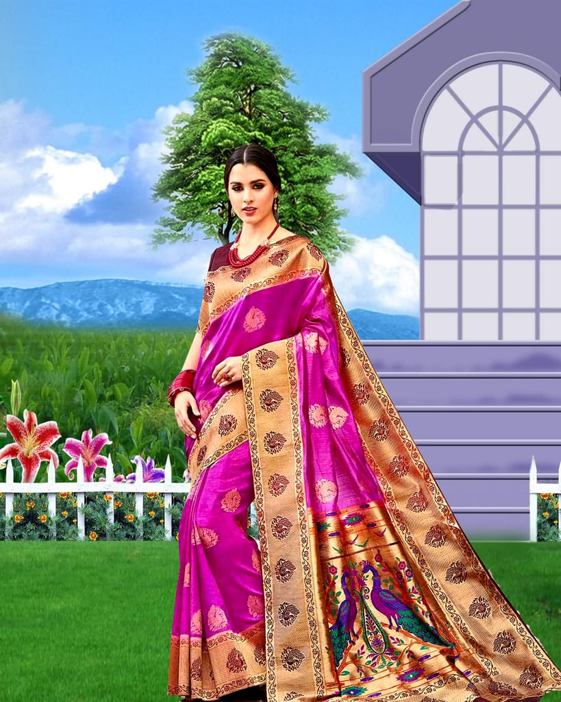 Women Floral Woven Art Silk Saree Pink Silk Saree with Golden Border and Peacock Motif