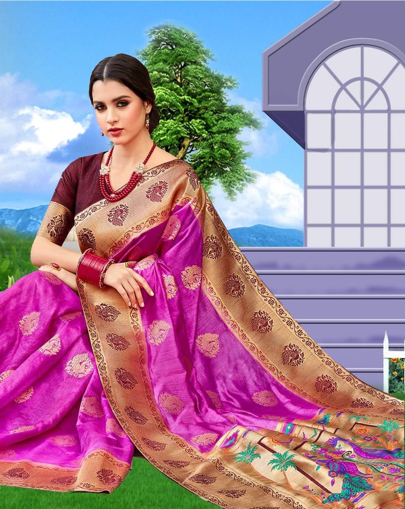 Women Floral Woven Art Silk Saree Pink Silk Saree with Golden Border and Peacock Motif view 2
