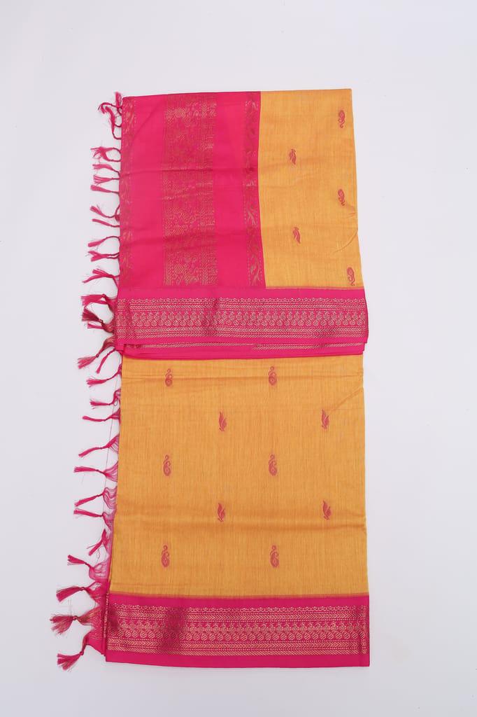 Vibrant Mustard Yellow & Rani Pink Art Silk Saree with Golden Zari Weave view 2