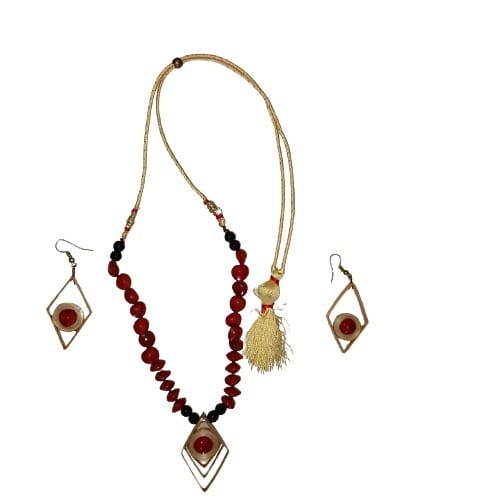 Bamboo and Red Chandan Seeds Jewelry set view 2