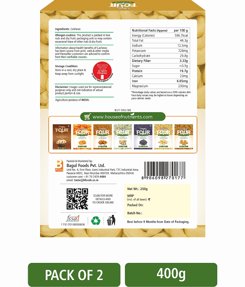 Everyday Four Goan Cashew Nuts 400g | Combo Pack 200*2 | Unsalted | view 2