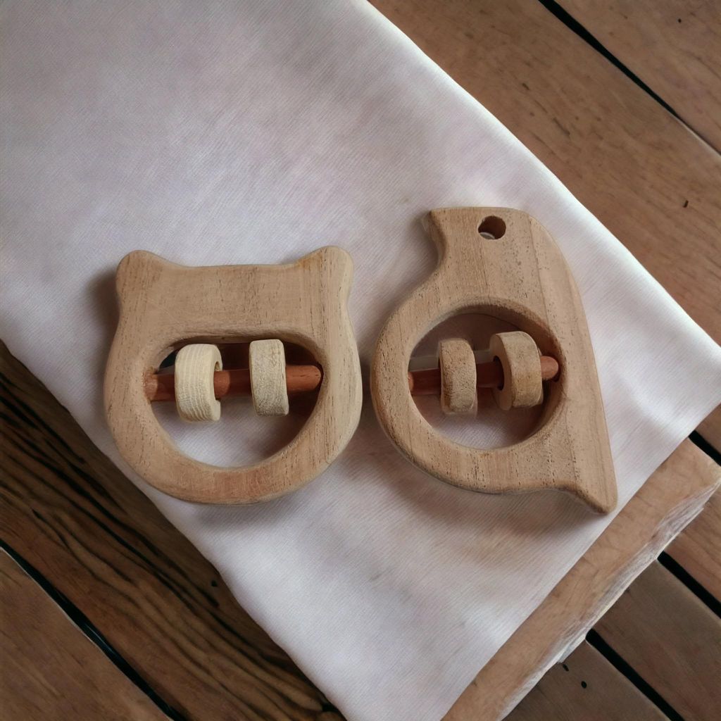 Neem Wooden Rattles - Hippo Head & Sparrow Shapes view 2