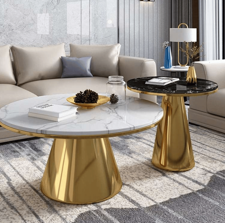 Next Bey Conic Duo Coffee Table With Gold Finish and Marble Top