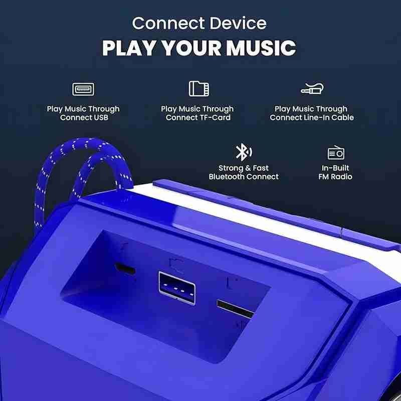 Wireless Bluetooth Speaker with Mic, FM Radio, AUX or USB or TF Support & 6Hrs Playtime - Hands-Free Calling & Rechargeable Battery Blue view 2