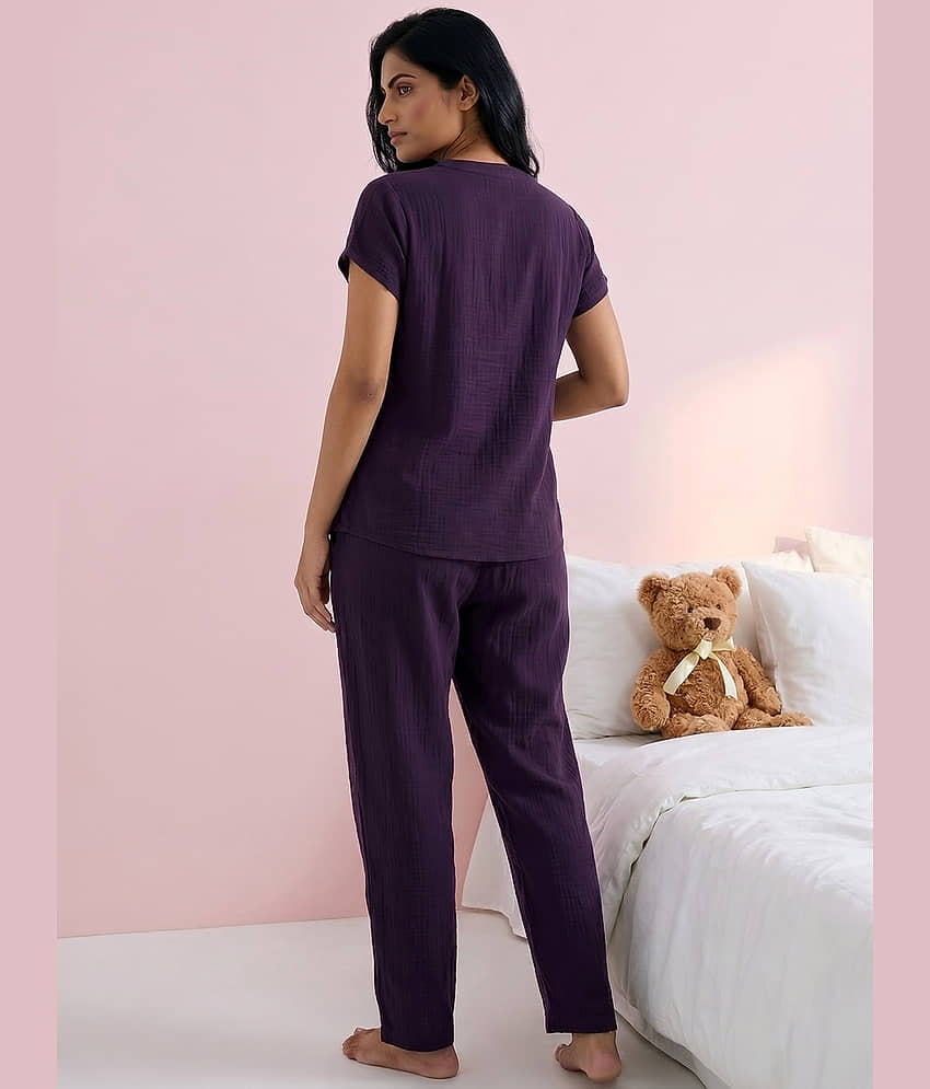 Addyvero Women Solid T-Shirt With Trousers Co-Ord Set ( Purple ) view 2