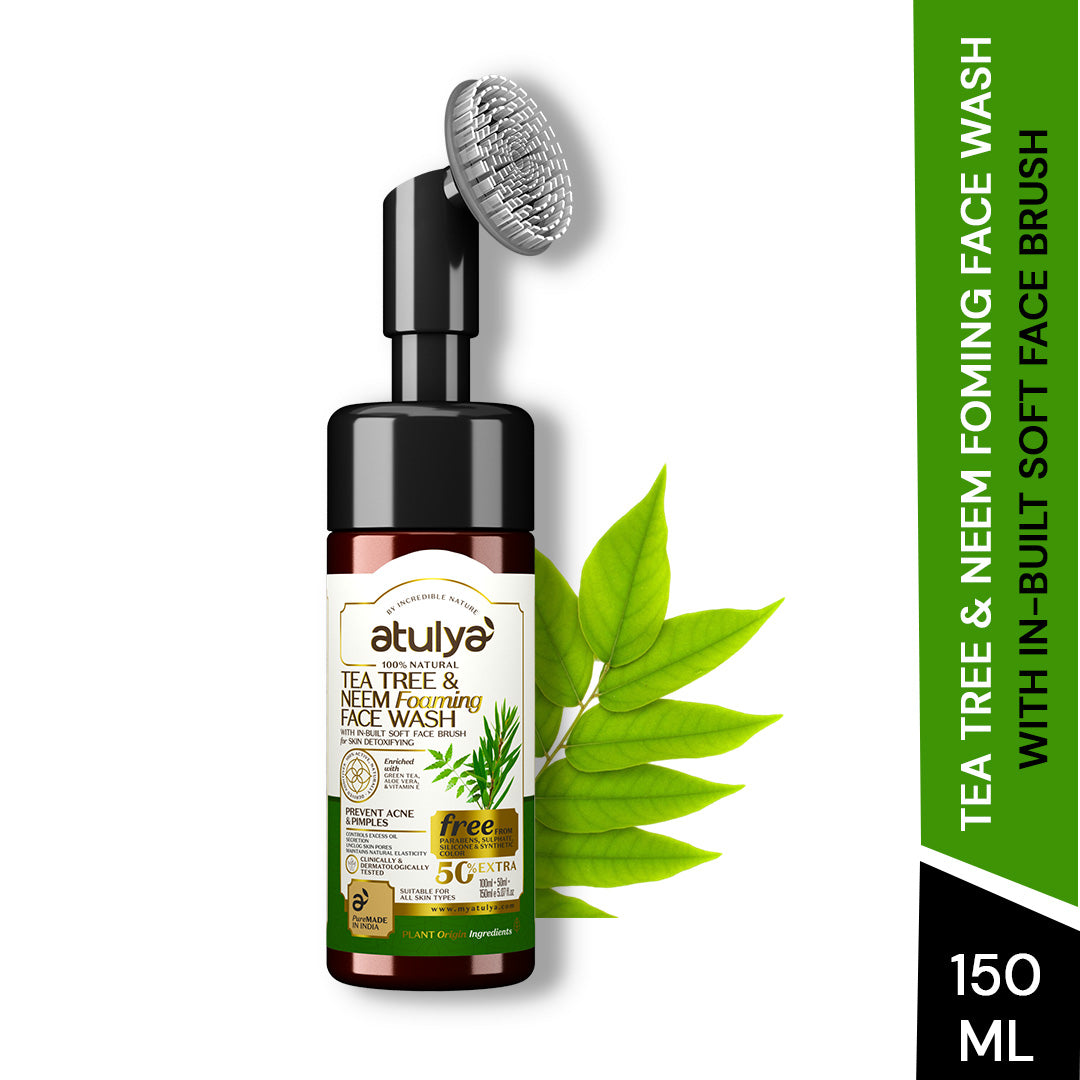 Atulya Tea Tree & Neem Foaming Face Wash with Built-in Silicone Brush | Prevents Acne - 150ml view 2