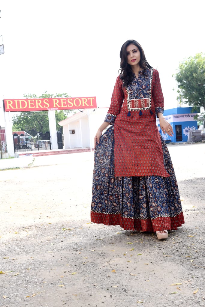Bagru Handblock Print Cotton Kurta-Skirt Set – Red view 2