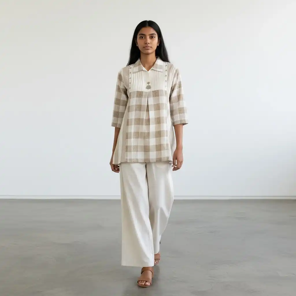 Handloom Cotton Co-Ord Set with Mirror Work and Pockets in Cream Beige