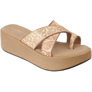Lazera Gold Wedge Heel Sandals for Women Brocade Toe Loop Platform Style view 2