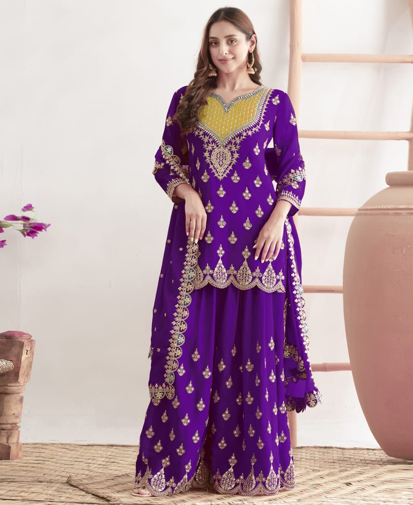 Premium Magenta Chinon Palazzo Suit for Women Wear
