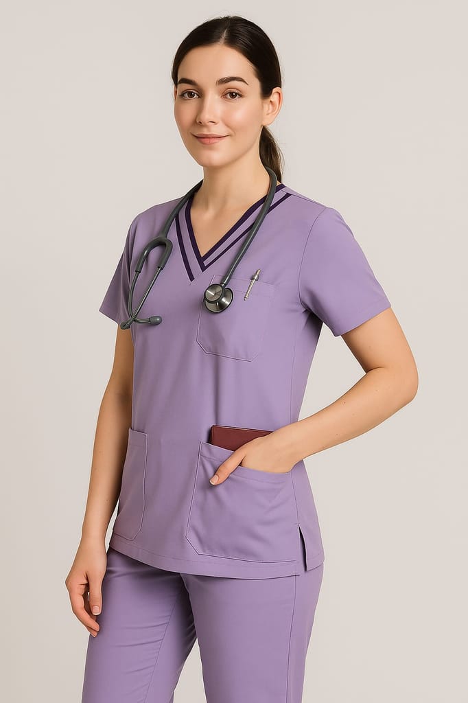 Premium Scrub Set | Unisex Scrub Set | Half Sleeves | Lavender with double-layered contrast Trim | Ideal For Health Care Professional | Color (Lavender) view 2