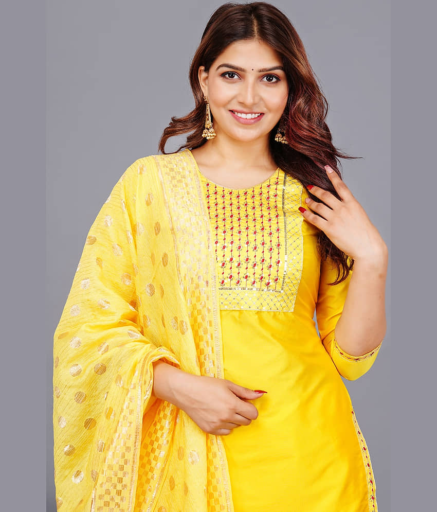 EXPORTHOUSE Silk Blend Embroidered Kurti With Pants Women's Stitched Salwar Suit - Yellow ( Pack of 1 ) view 2