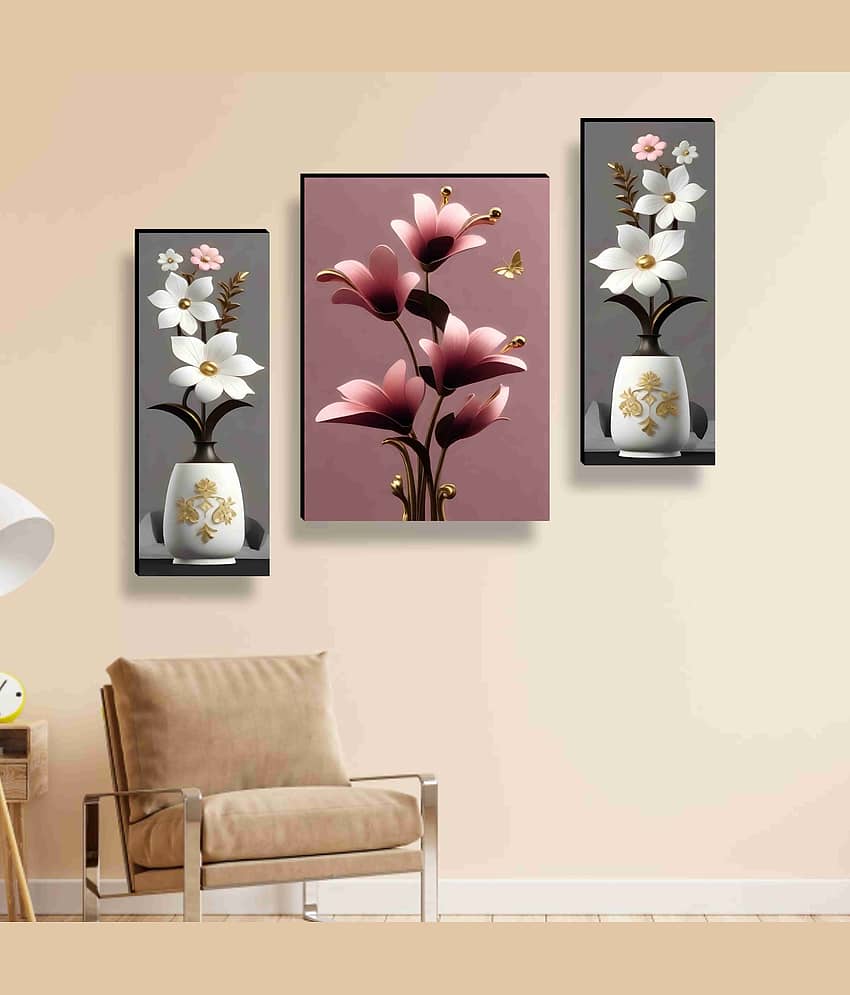 SAF Elegant Floral Vase Wall Art – 3 Panel Modern Flower Painting with Golden Accents & 3D Effect for Bedroom or Living Room Décor 12 Inch x 20 Inch view 2