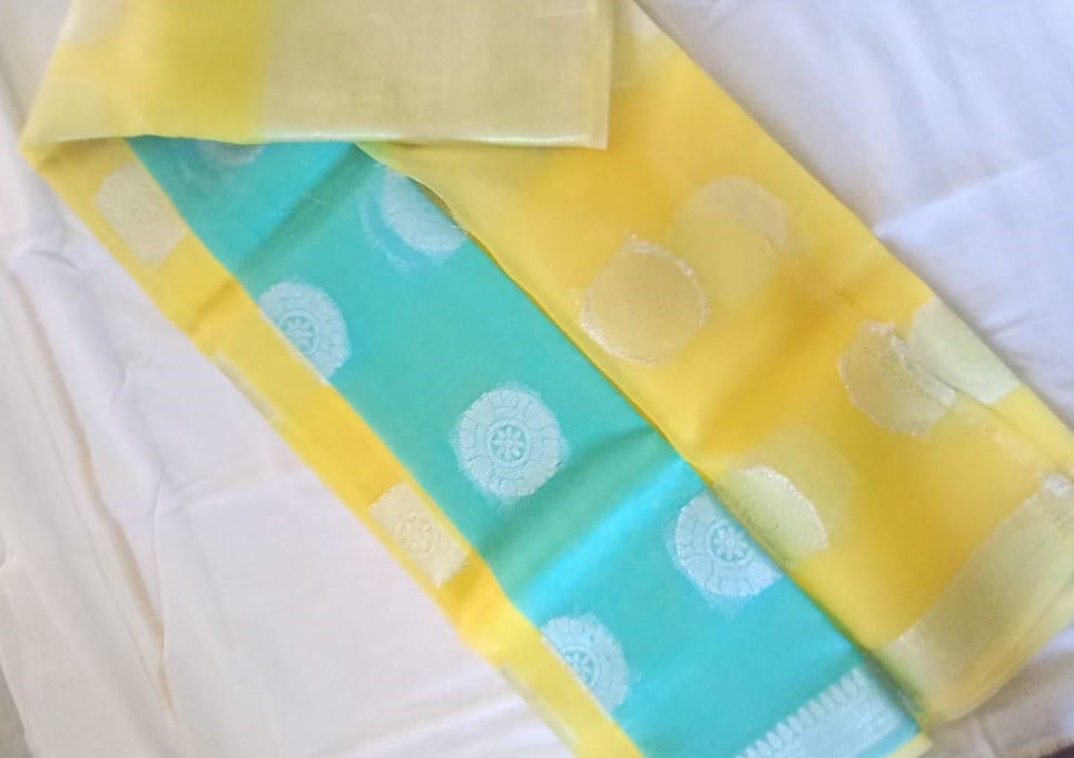 Light Yellow And Light Blue Color Tissue Silk Saree With Silver Zari Weaving Work view 2