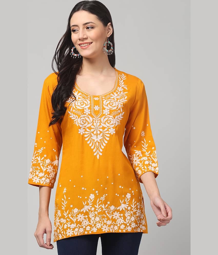 Aura Glam Women Rayon Embroidered A-line Kurti ( White )