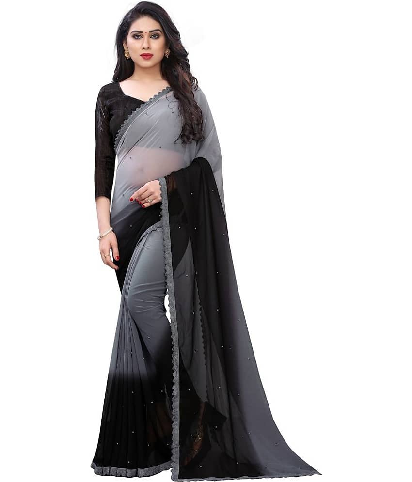 PRIHAL ART Georgette Solid Saree With Unstitched Blouse Piece ( Grey )