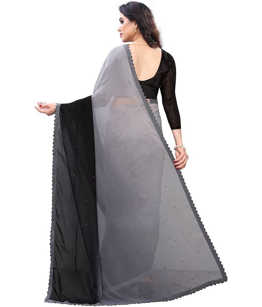 PRIHAL ART Georgette Solid Saree With Unstitched Blouse Piece ( Grey ) view 2