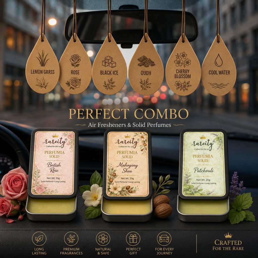 Rareity Home Linen Perfume Fragrance Combo Pack | Rose, Lemon Grass & Cherry Blossom Perfume Cards with British Rose, Mahogany Shea & Patchouli Solid Perfumes | Travel Friendly Set | Pack of 9 view 2