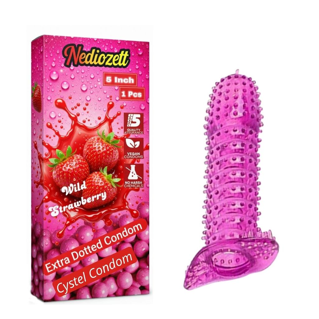 Nediozett Crystal Condom Wild Strawberry Flavor For Long Last Action Silicone Reusable Condom Extra Dotted 5 inch (Pack of 1)