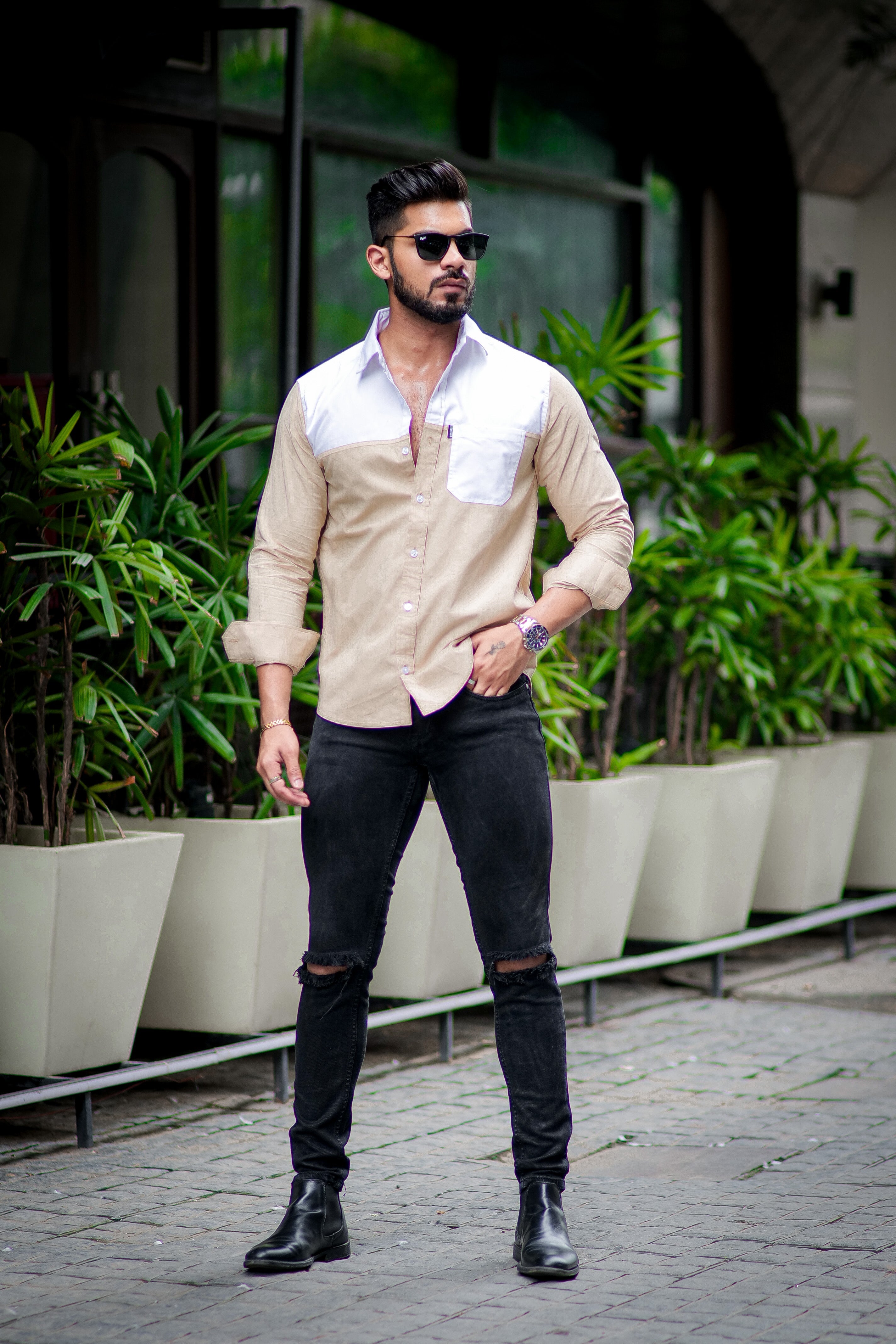 Camel White designer cotton full sleeve shirt view 2