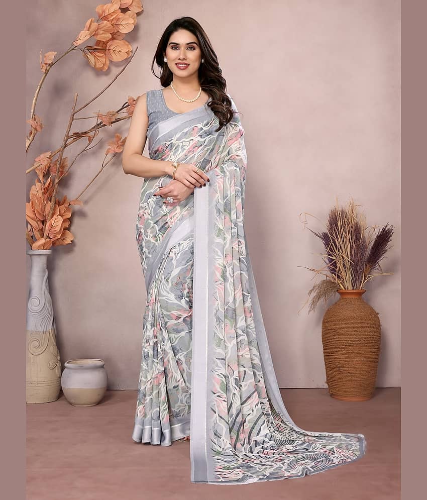 BLEESBURY Chiffon Printed Saree With Unstitched Blouse Piece ( Grey )