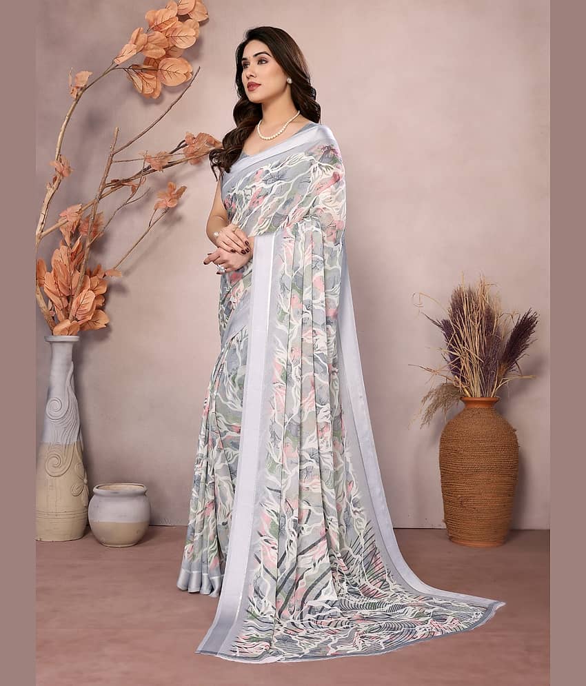 BLEESBURY Chiffon Printed Saree With Unstitched Blouse Piece ( Grey ) view 2