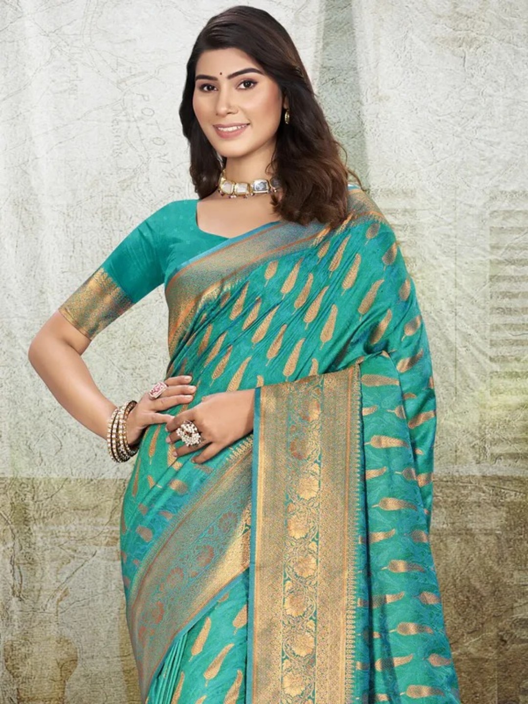 Turquoise Green Silk Saree view 2