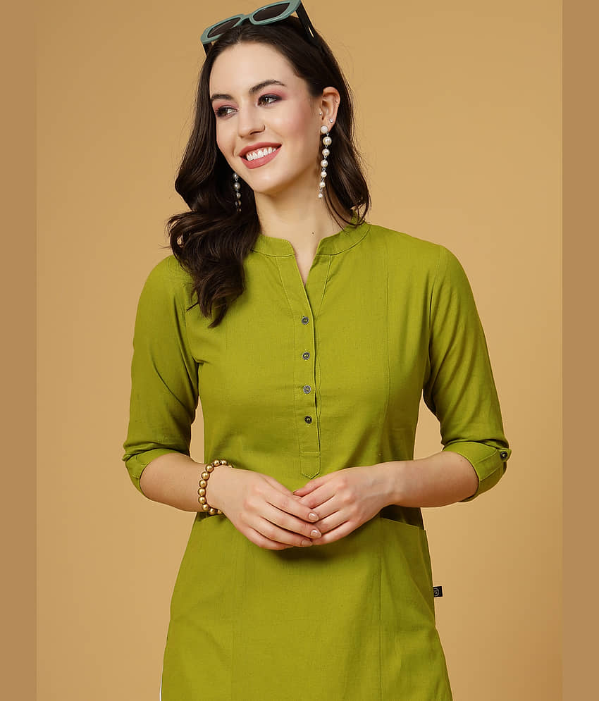 Pistaa Cotton Solid Straight Women's Kurti - Green ( Pack of 1 ) view 2