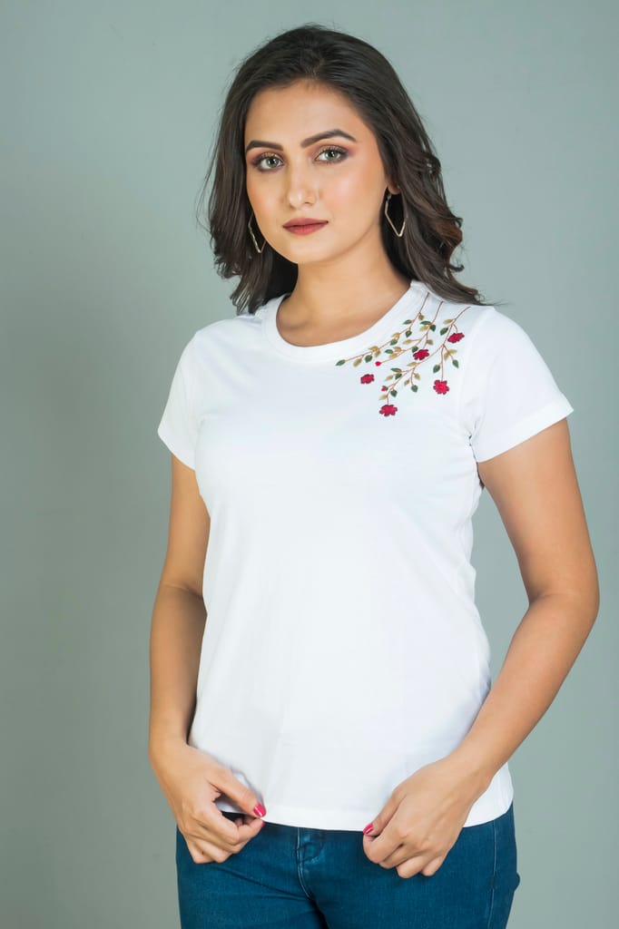 White coloured Hand embroidered Women’s cotton T shirt with floral design