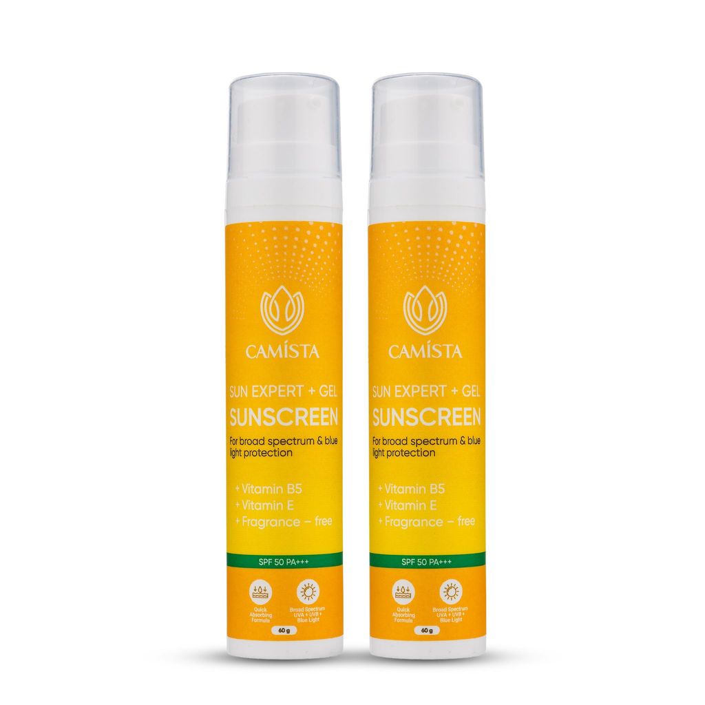 Camista Sun Expert + Gel Sunscreen SPF 50 PA+++ with Vitamin B5 & Vitamin E | For Dry, Sensitive, Oily & Combination Skin | UVA/B & Blue Light Protection | Fragrance-Free | For Men & Women