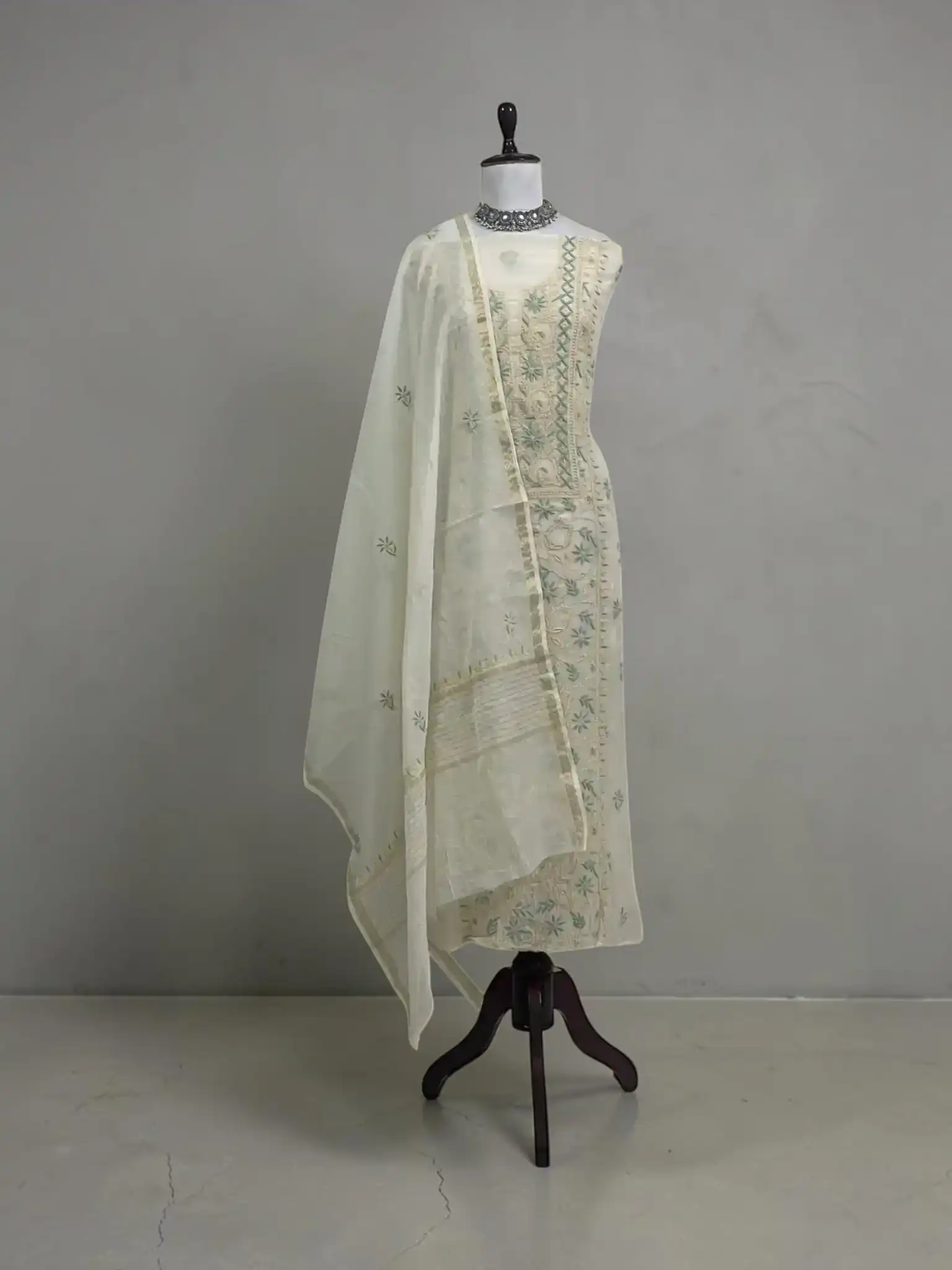 Lucknow Chikankari Hand-Embroidered Mul Cotton Dress Material, White & Ivory