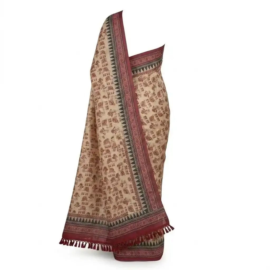 Sambalpuri Beige Floral Grid Heritage Handloom Saree view 2