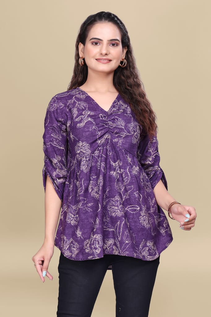 Purple Printed Cotton V-Neck Top with Three-Quarter Sleeves