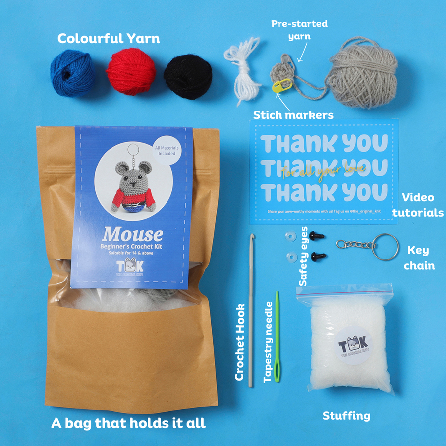 The Original Knit Beginner's Crochet Kit- Mouse - Grey & Red view 2