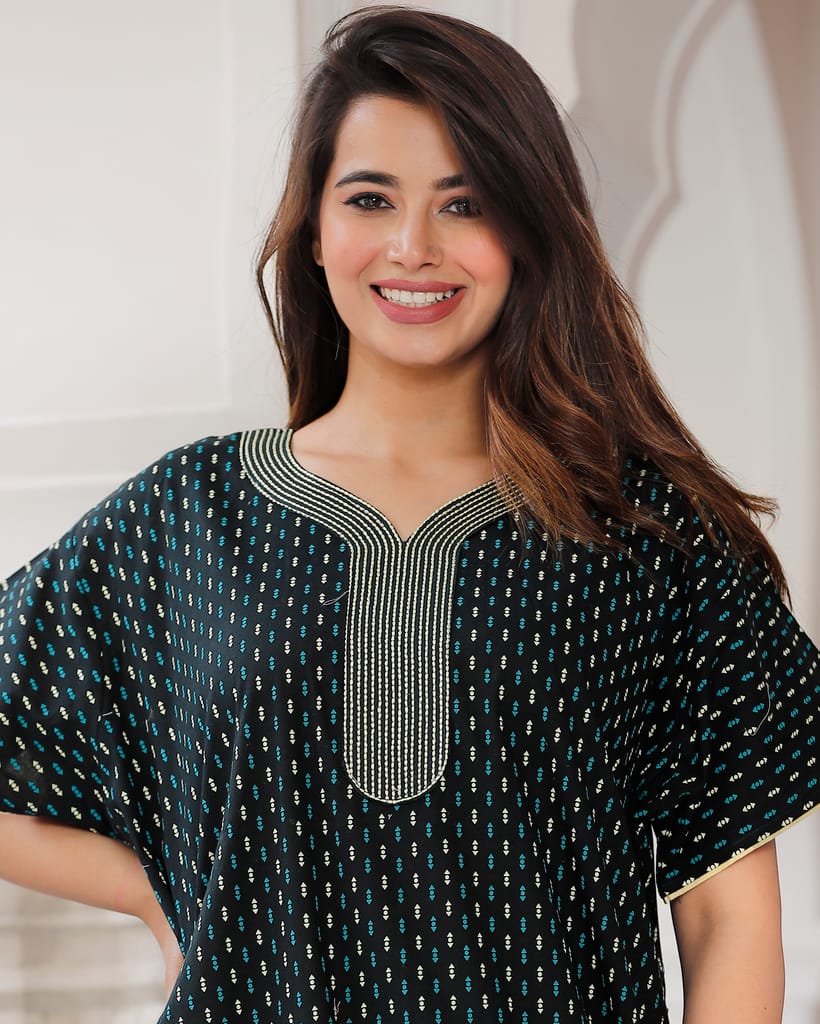 Women's Black Cotton Printed Kaftan Dress