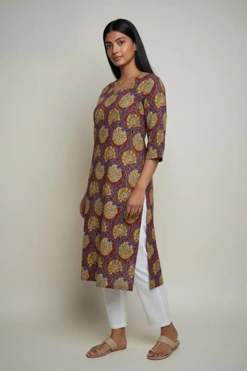 Block Print Cotton Kurti Maroon Yellow Blue Floral view 2
