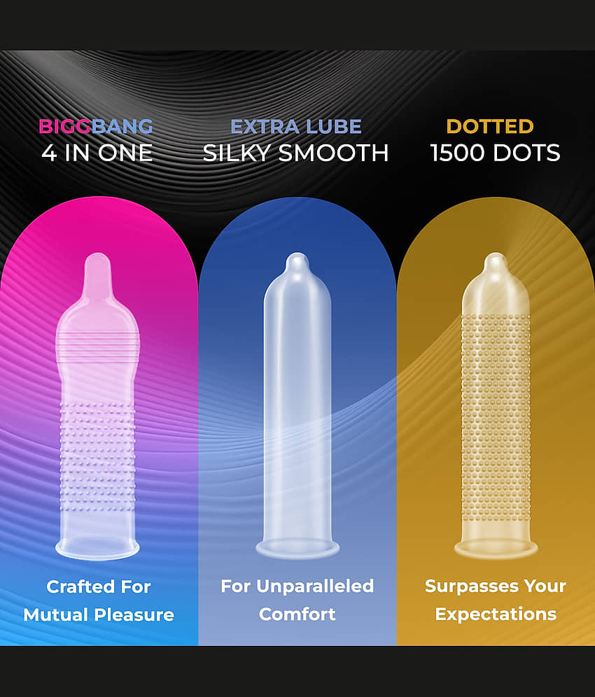 NottyBoy Honeymoon Mix Combo Pack Condom - 1500 Dots, Extra Lubricated, Extra Delay, Super Thin, Ultra Ribbed, Raised Dots, and Fruits Flavoured Condoms - (Set of 9, 27 Sheets) view 2