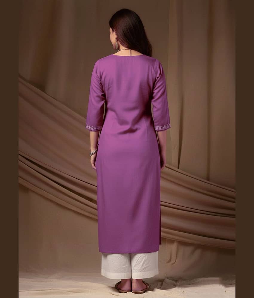 anushansa Women Viscose Rayon Embroidered Straight Kurti ( Purple ) view 2