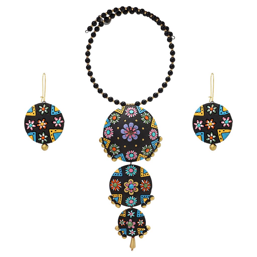 Le bijouxistic EKAM EK Terracotta necklace set and earrings in multi color, Round design, chokkar style, adjustable