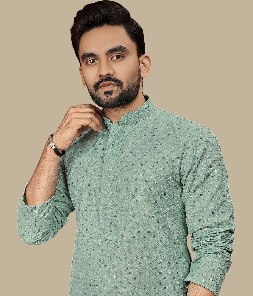YUG ART Sea Green Cotton Men's Regular Kurta ( Pack of 1 ) view 2