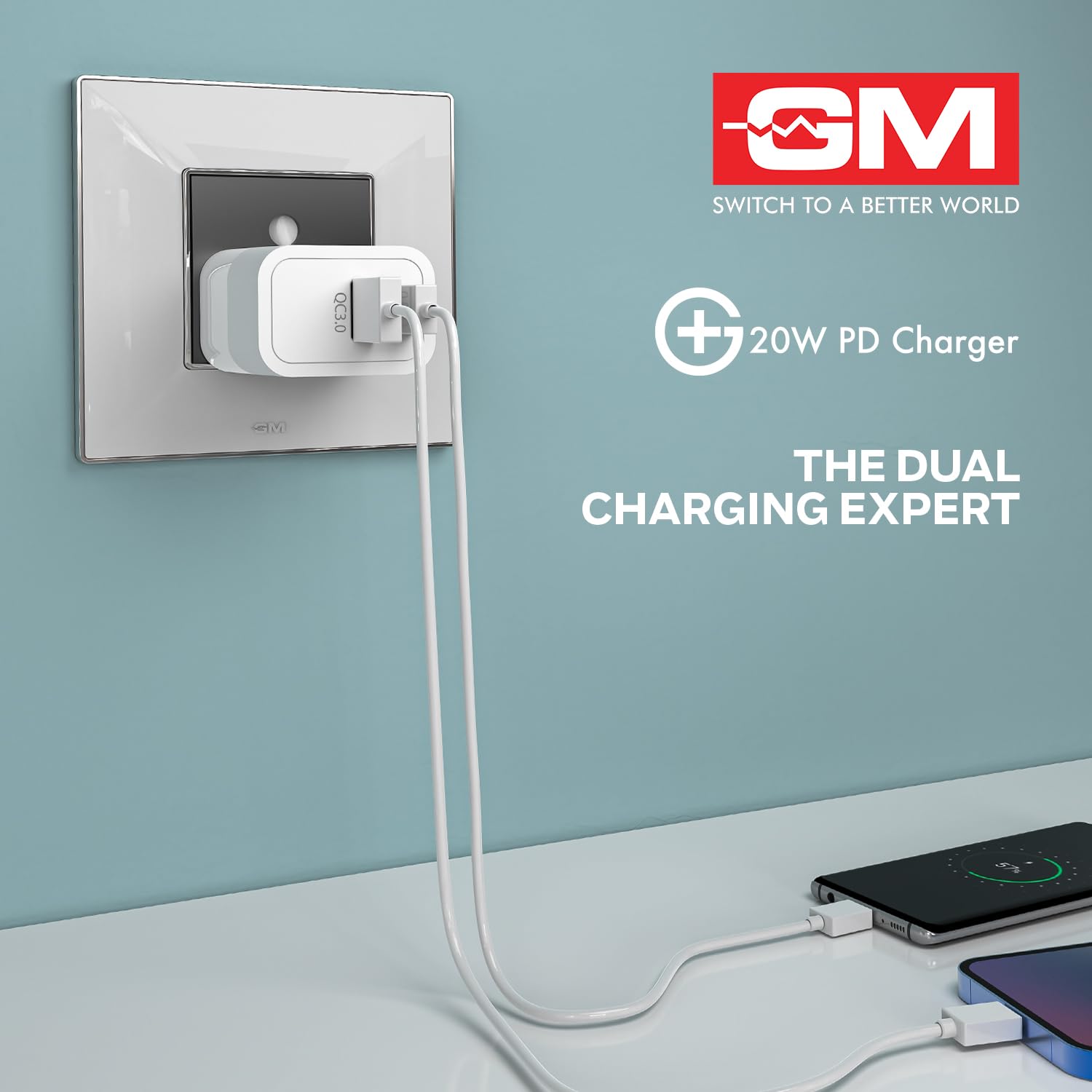 GM G+ 20W Dual Port Type C & A Mobile PD Charger | Fast Charging for Android, iPhone 16/15/14/13/12/11 Pro,Max, Samsung, One Plus view 2