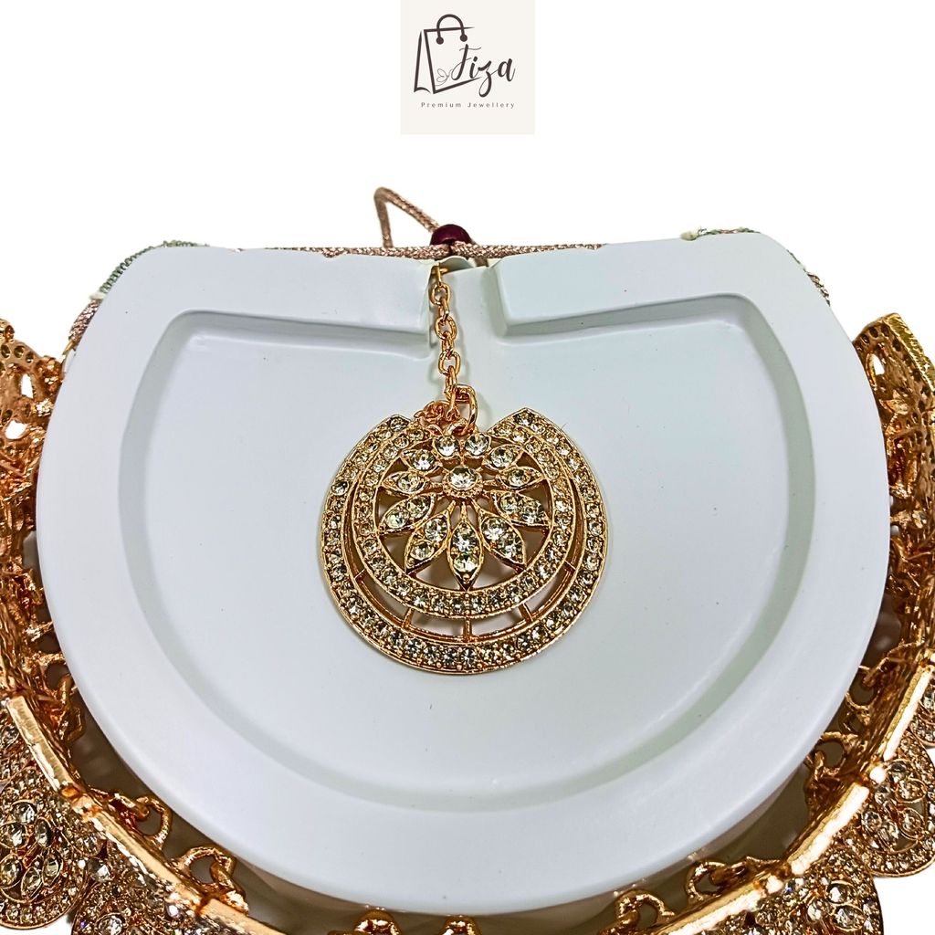 Fiza Luxury Handcrafted Gold Plated Necklace Jewellery Set with Earrings And Mangtika, White AD, Rose Gold view 2