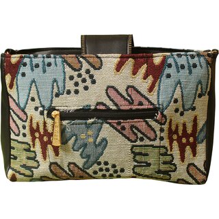 Abstract Tapestry Crossbody Sling Bag with Black Leather Strap view 2